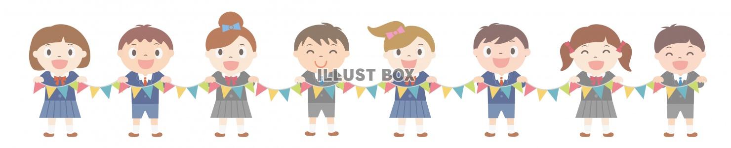 子供イラスト★旗を持って横に並ぶ子供たち★