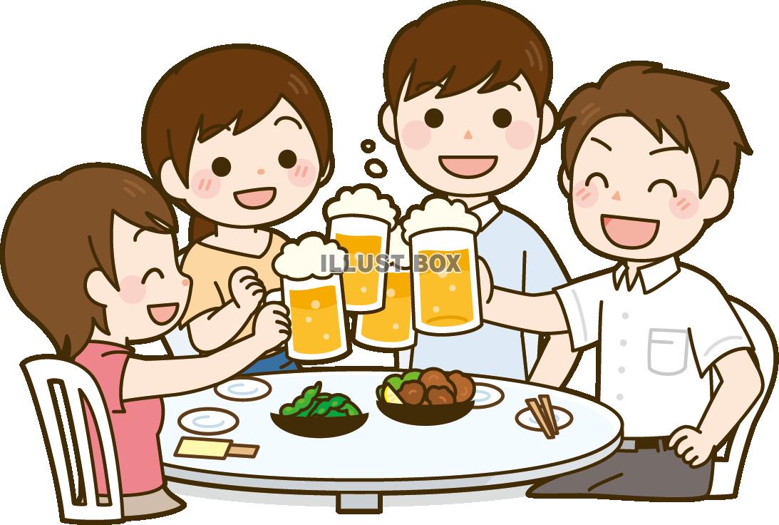 飲み会・ビアガーデンで飲む男女4人