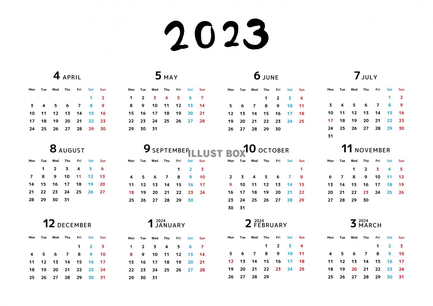 イラスト 【4月始まり】とてもシンプルな年間カレンダー202...