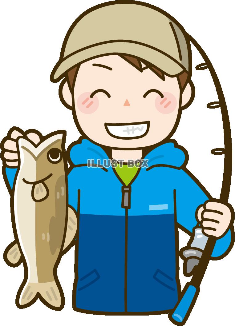 魚を釣った男性