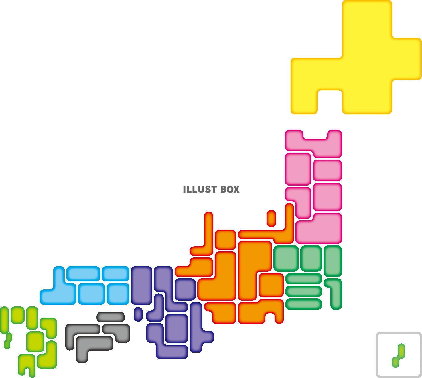 カラフルでシンプルなデフォルメ日本地図　八地方区分　都道府県