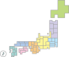 カラフルでシンプルなスクエア日本地図　八地方区分　都道府県