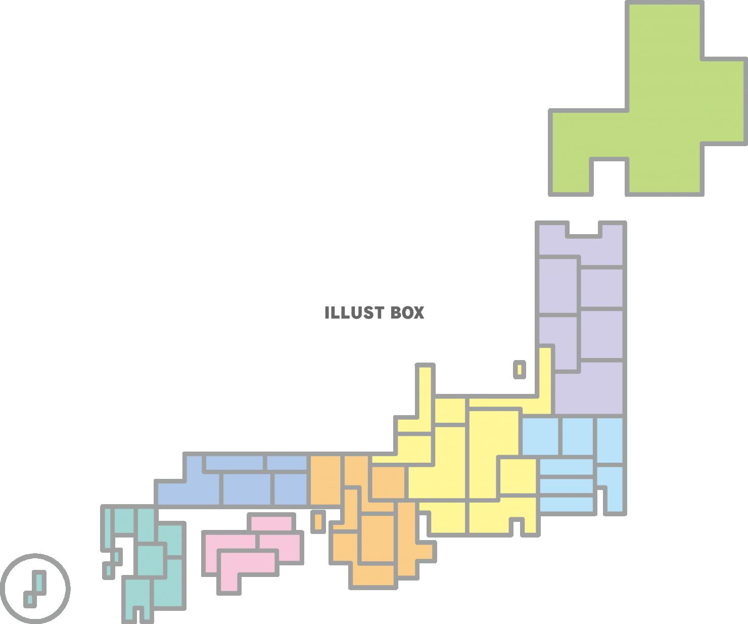 カラフルでシンプルなスクエア日本地図　八地方区分　都道府県