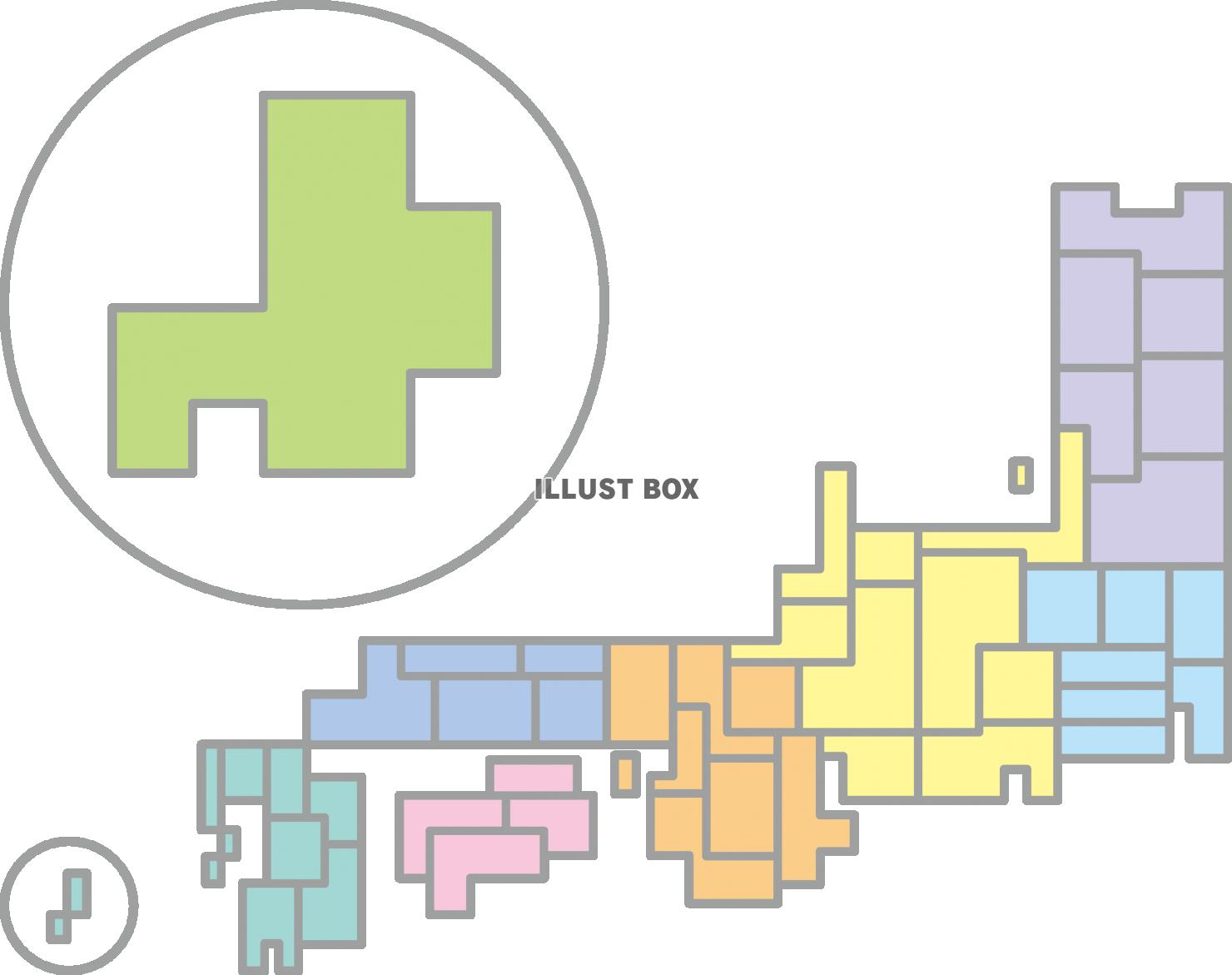 カラフルでシンプルなスクエア日本地図　八地方区分　都道府県