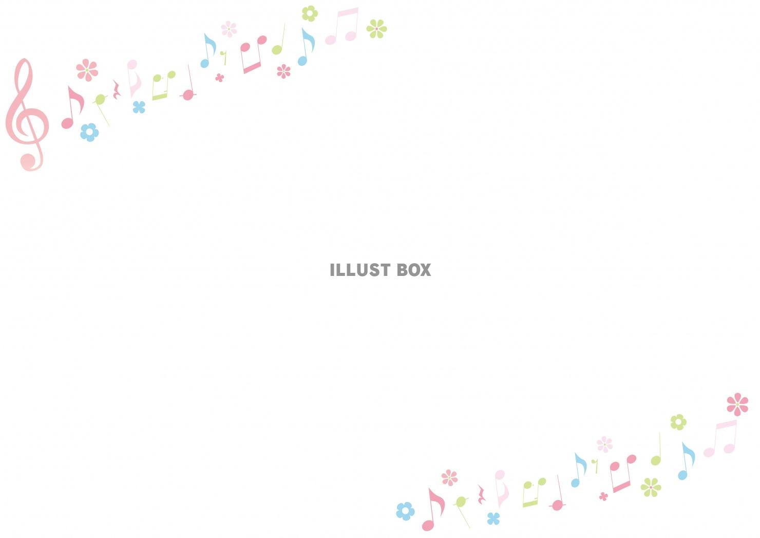 白背景に斜めの花と音符の音楽フレーム 横