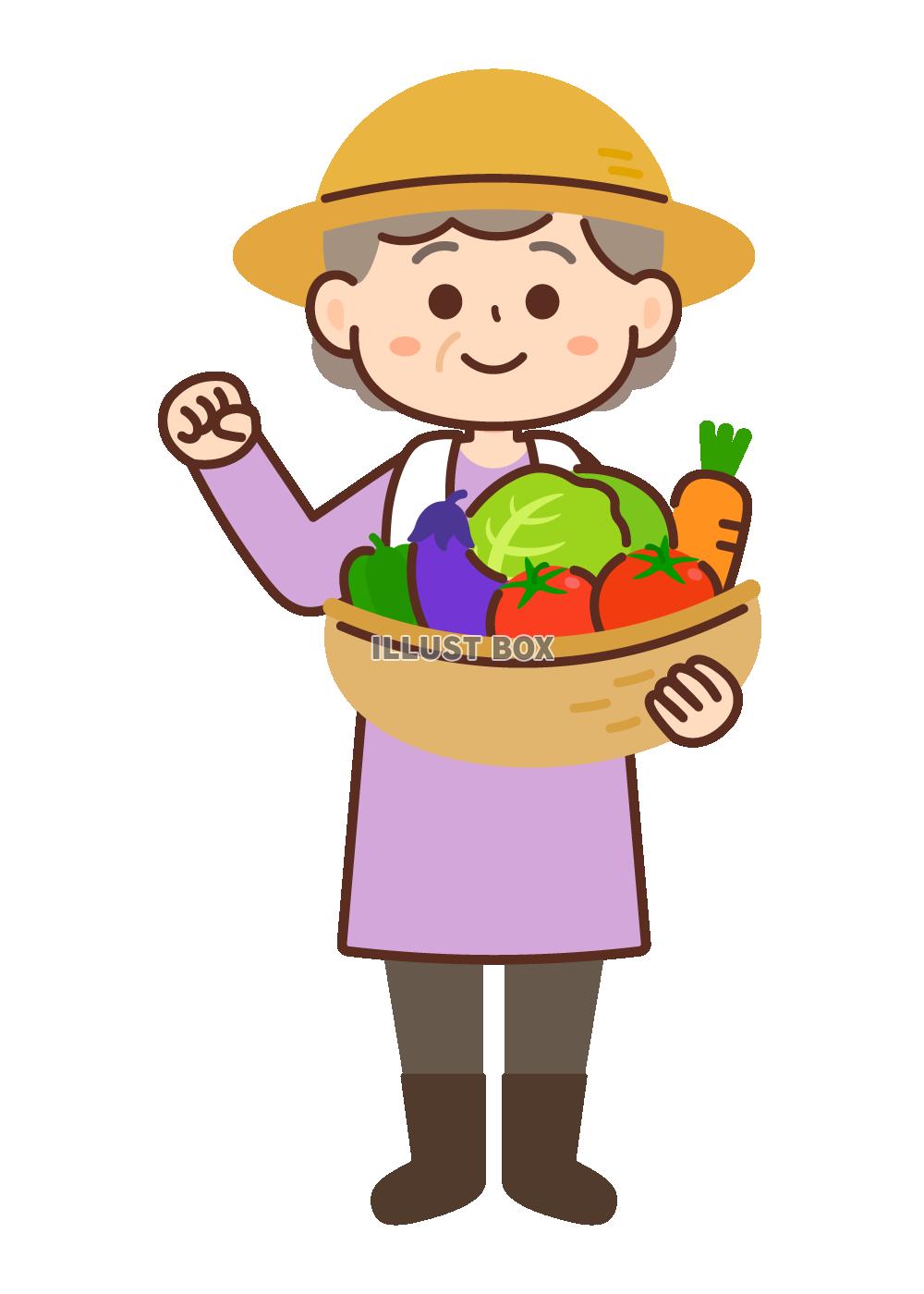 野菜を持つ農家のおばあちゃん　ガッツポーズ