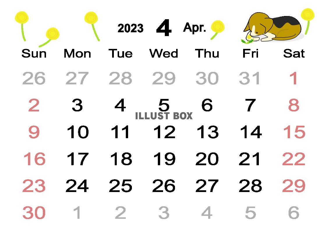 2023年4月犬とタンポポのカレンダー