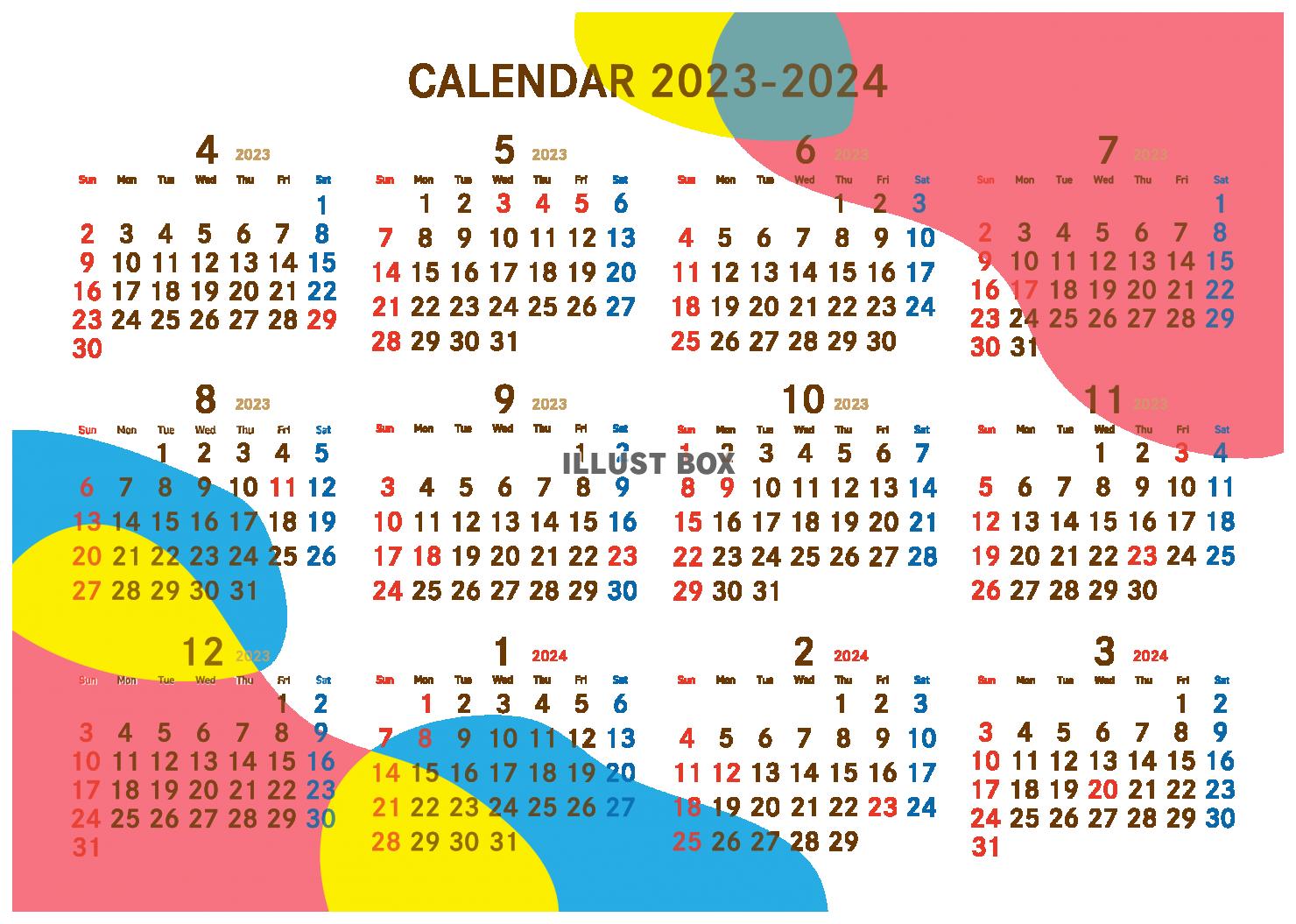 4月はじまりカレンダー　2023-2024D　淡い色