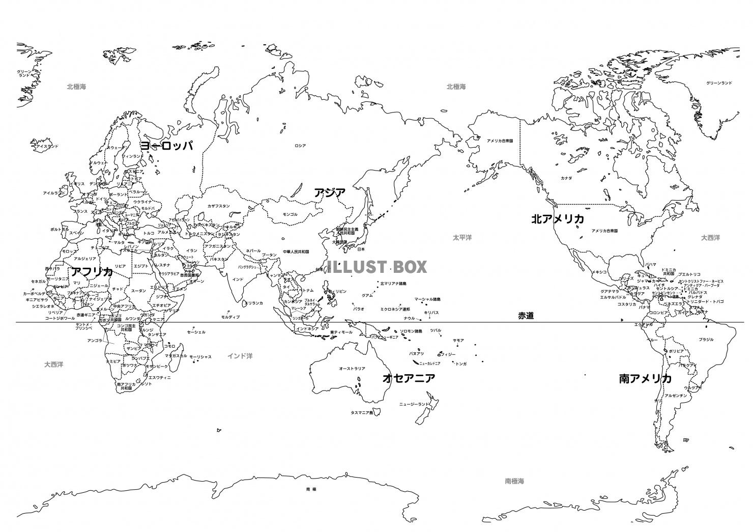 世界地図★白地図★国境線あり★国名あり