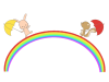傘を持って虹の上を歩く動物のイラスト