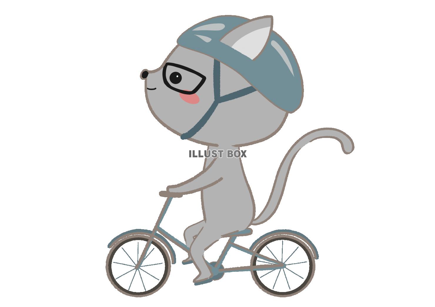 自転車に乗るメガネネコのイラスト　線あり