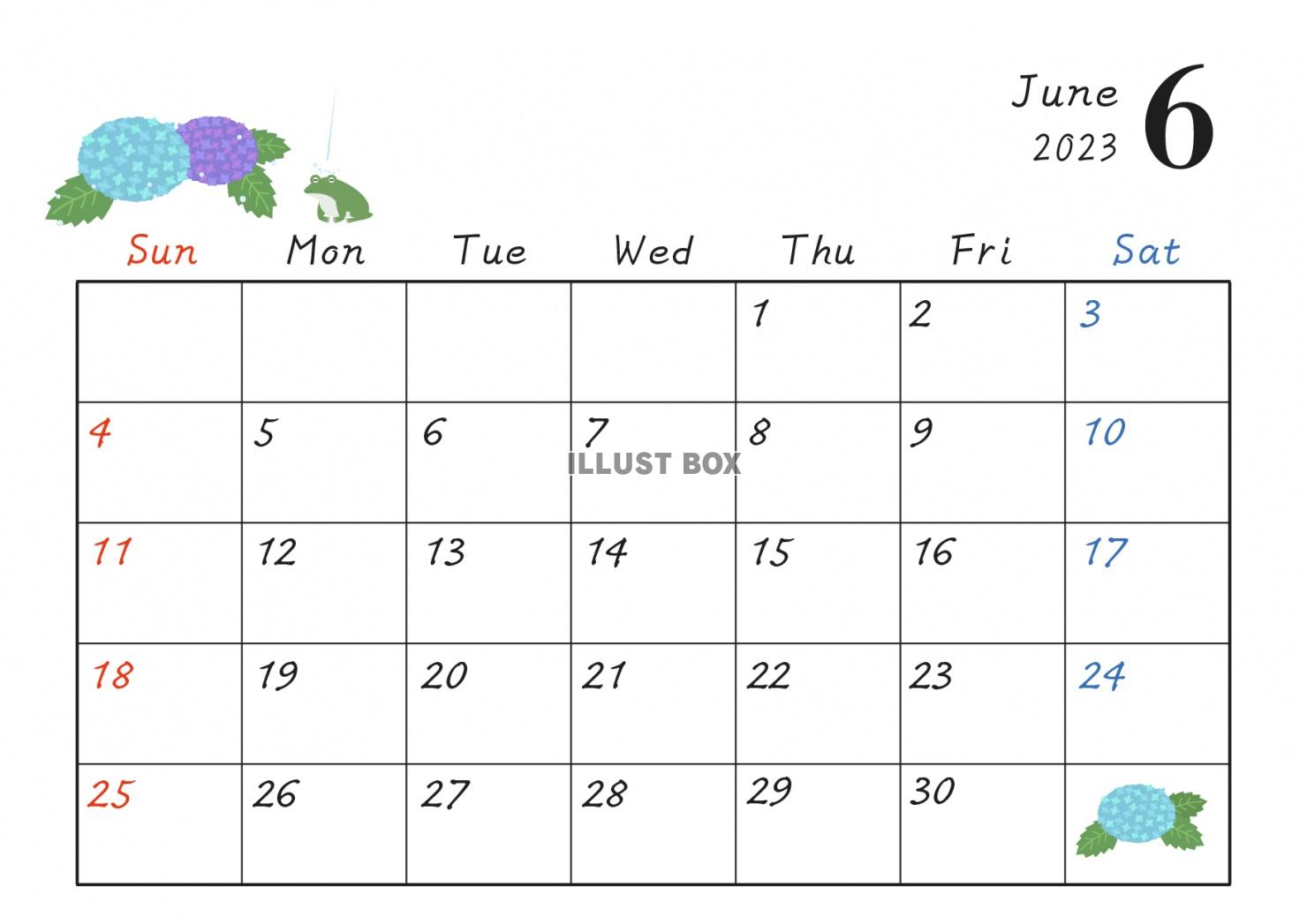 2023年6月カレンダー（紫陽花と蛙）