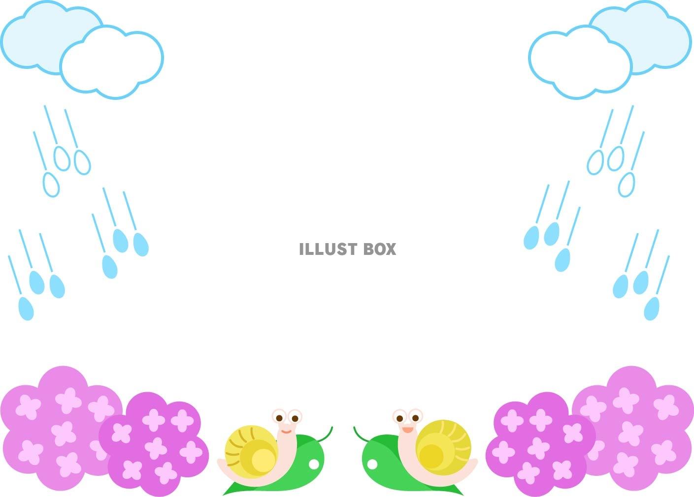 ６月のフレーム素材、雨降りのかわいいカタツムリとアジサイの花
