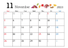 2023年 11月 かわいいイラスト付きカレンダー