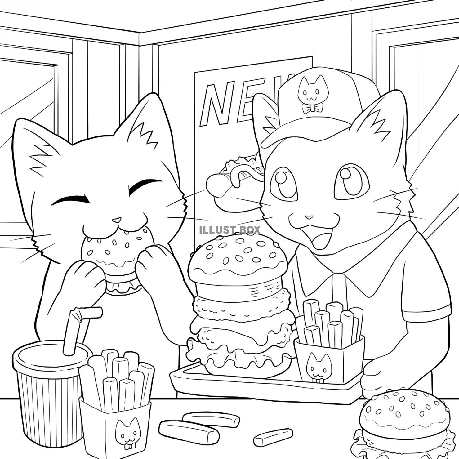 猫のハンバーガー屋さんのぬりえ