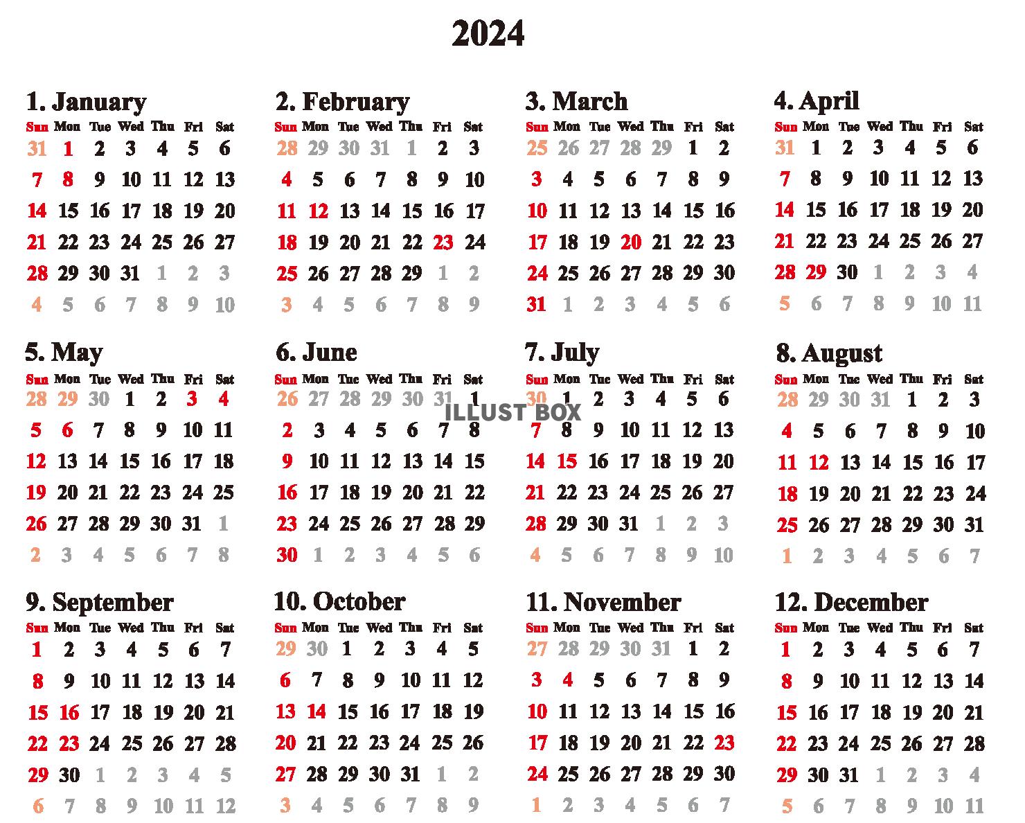 カレンダー2024（透過PNG）明朝体