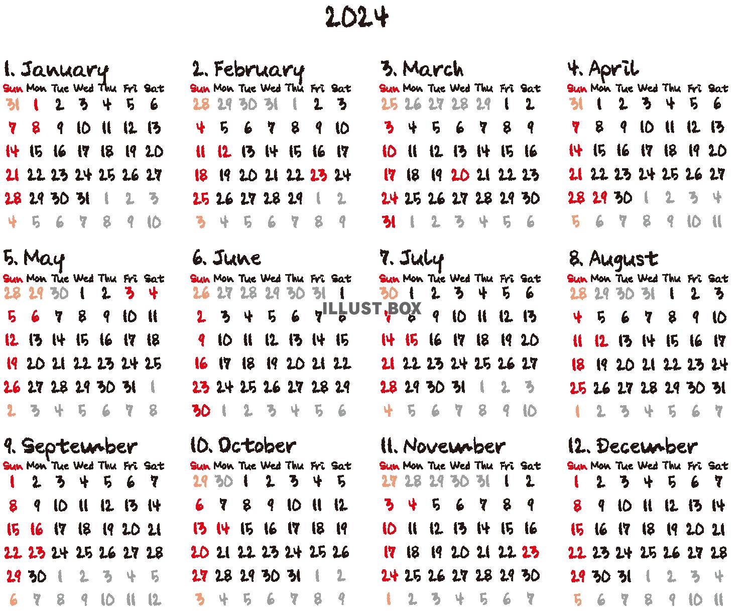 カレンダー2024（透過PNG）クレヨン（ZIPにEPS）