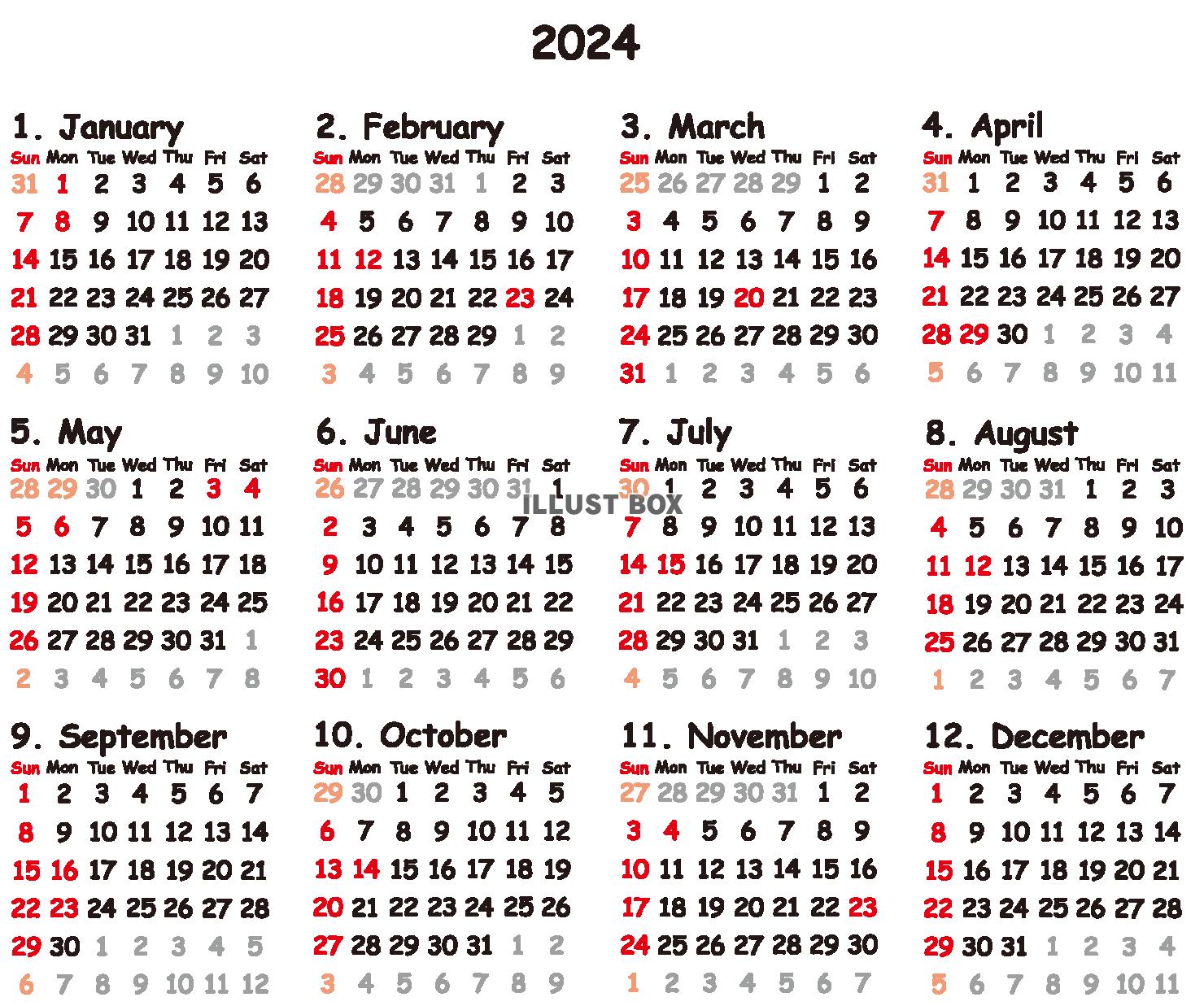 カレンダー2024（透過PNG）手書きマーカー