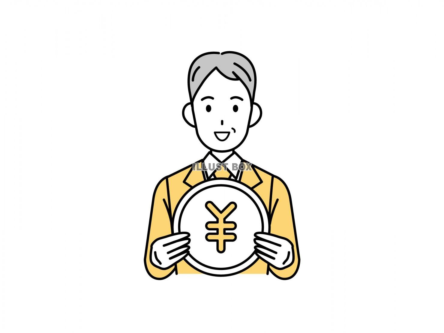 お金を持つスーツ姿の中年の男性のイラスト