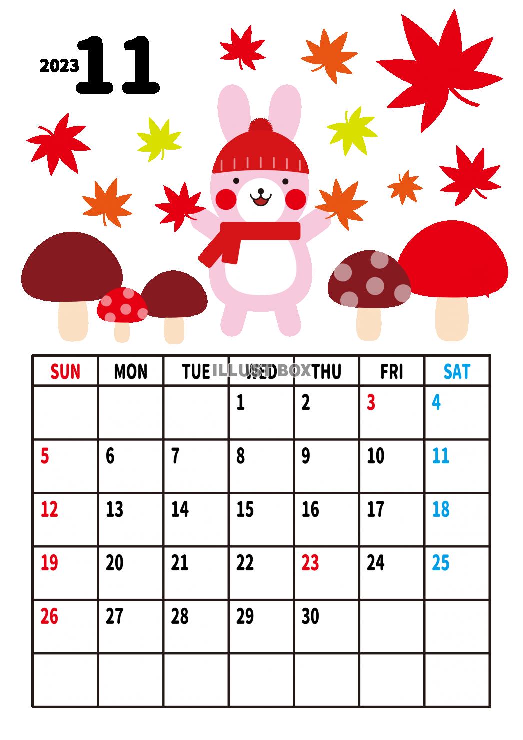 11_2023年カレンダー・11月_卯年のウサギ・紅葉とキノ...