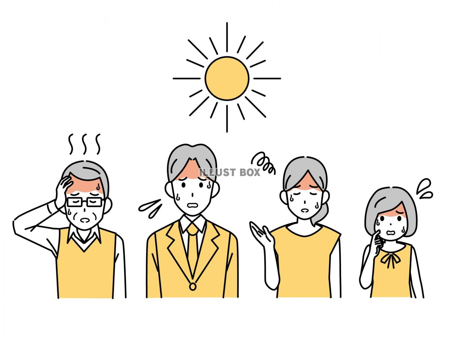 夏の暑さに困る人々のイラスト