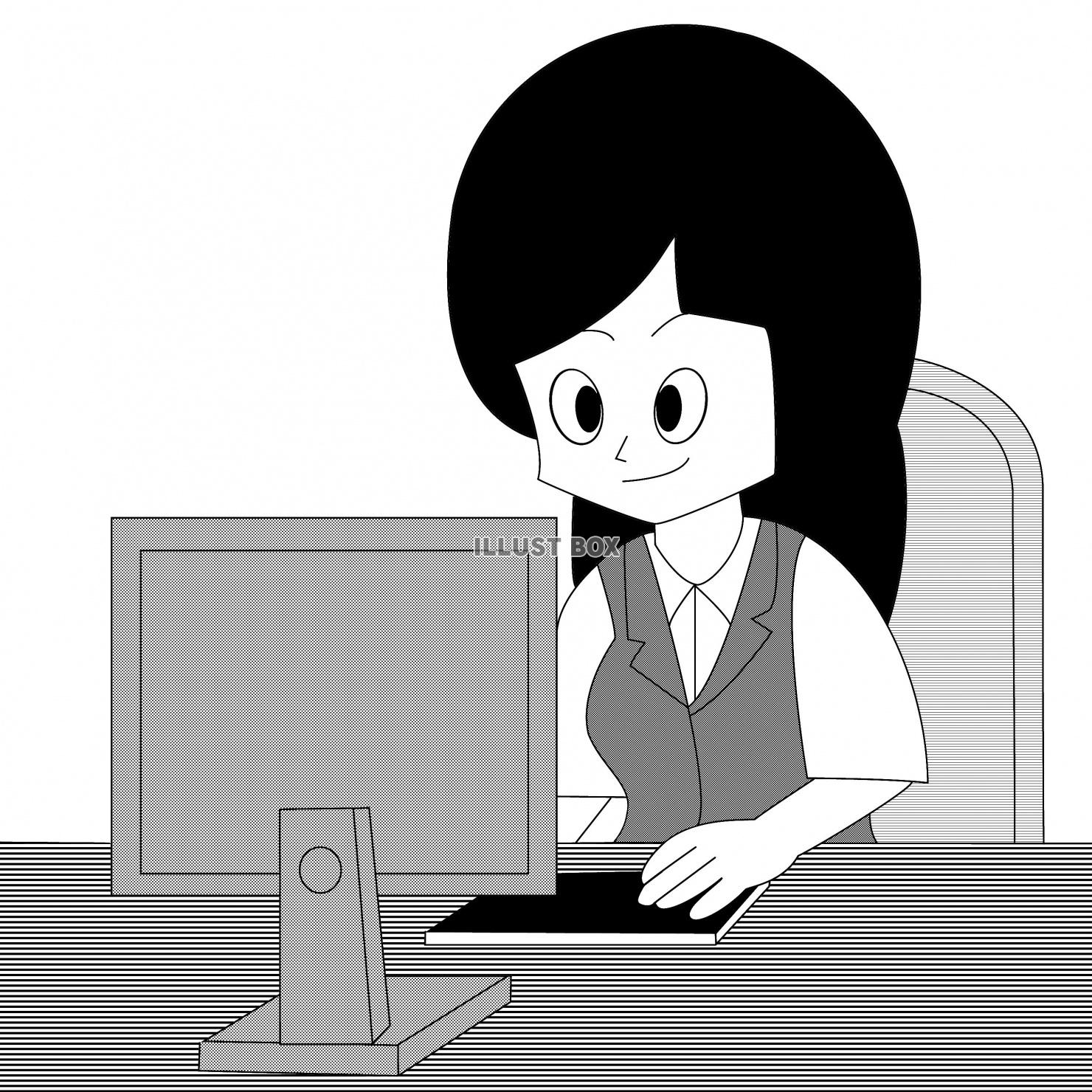 デスクトップパソコンを操作する女性会社員（白黒）