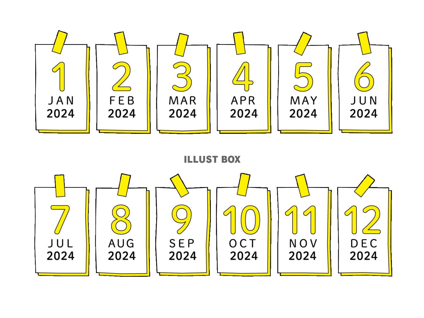 2024年版、カレンダーの見出し12ヶ月セット イエロー
