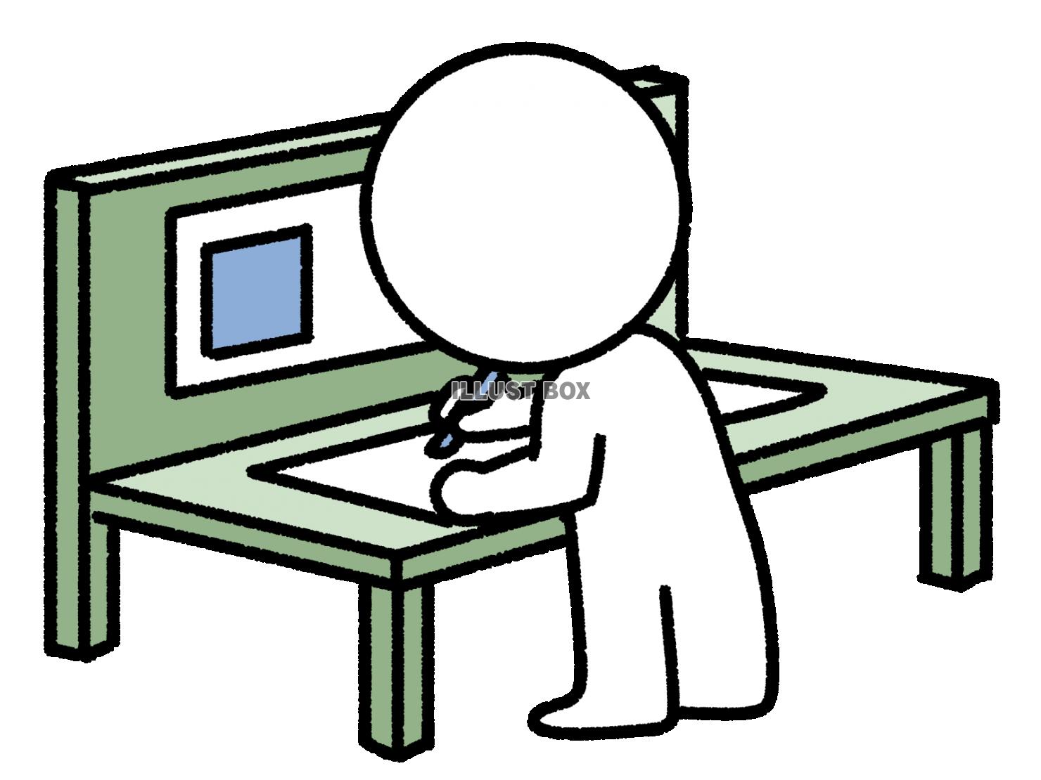 テーブルで書類に記入している棒人間