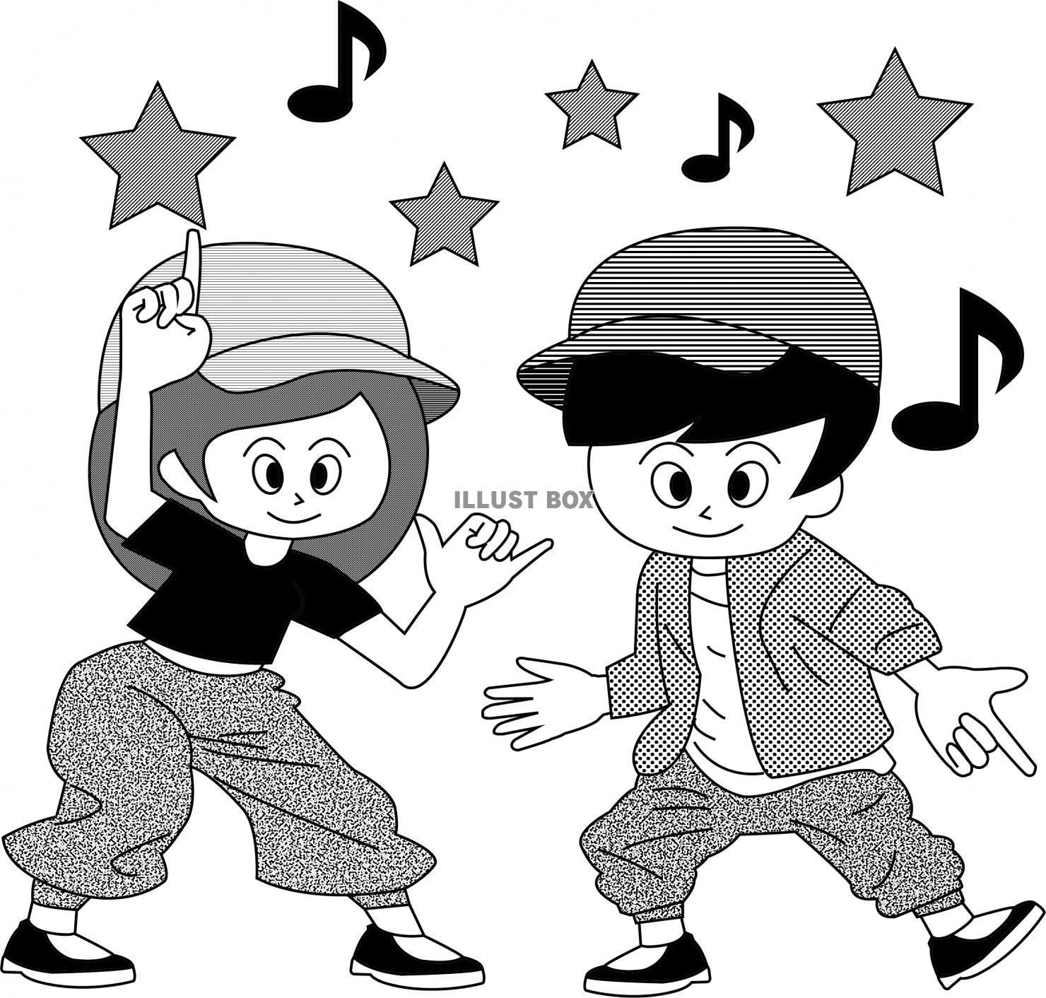 ダンスをする男の子と女の子（白黒）