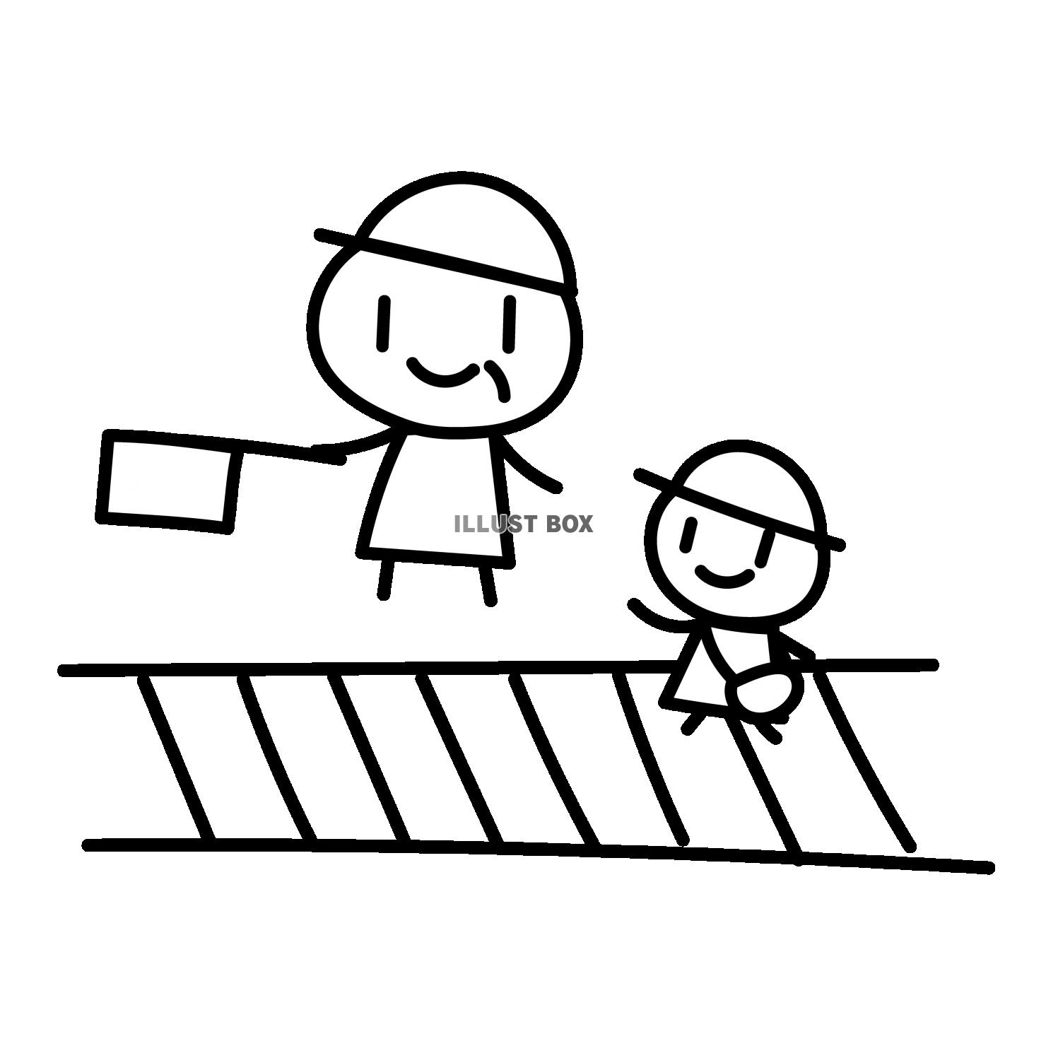 横断歩道で児童の登下校の見守りをするシニア　白黒手描き