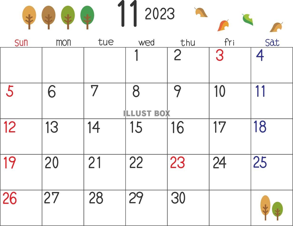 2023年年１１月の横型カレンダー、秋色の木と落ち葉のイラス...
