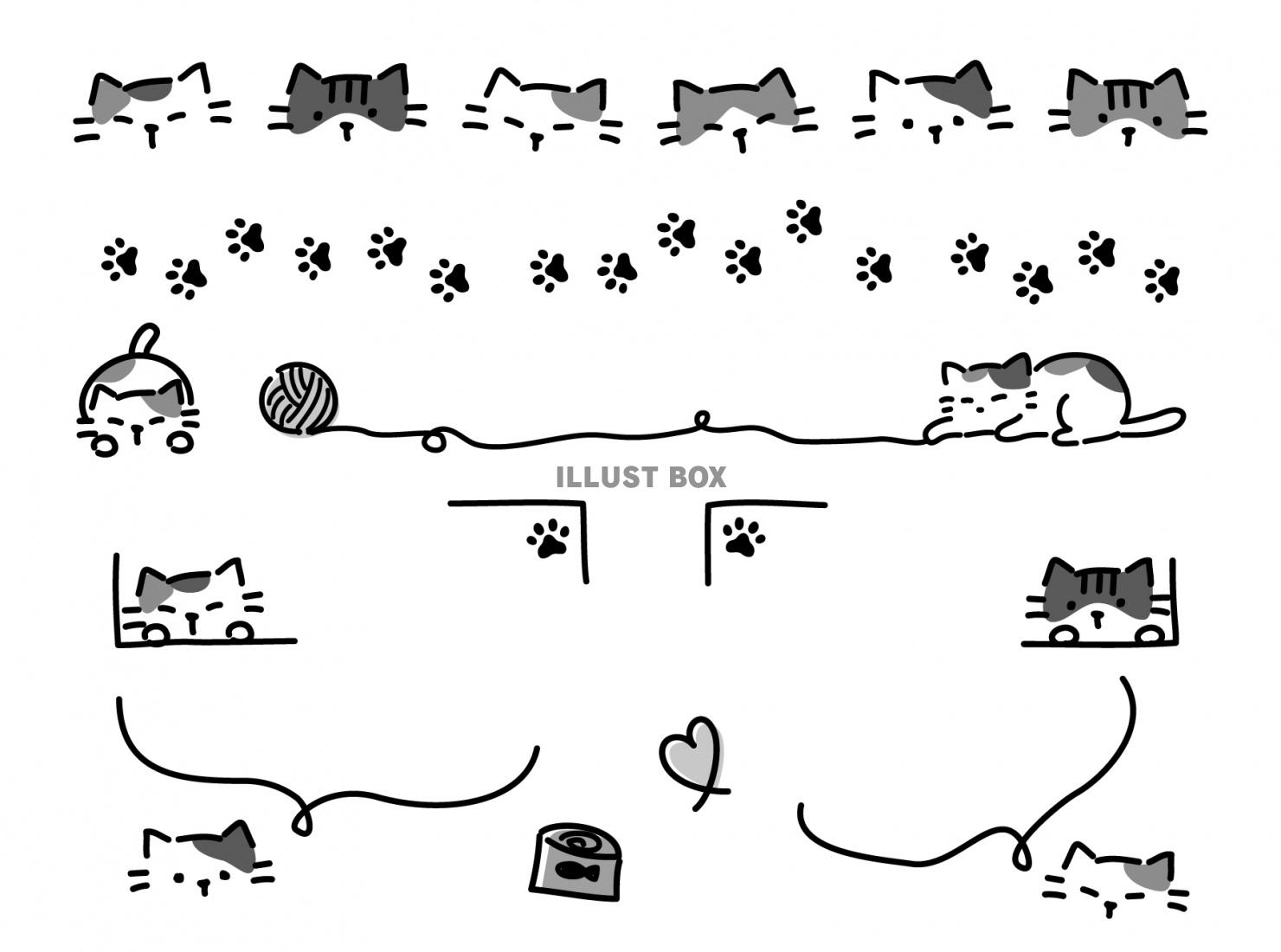 猫の手描き風ライン・あしらいセット　モノクロ