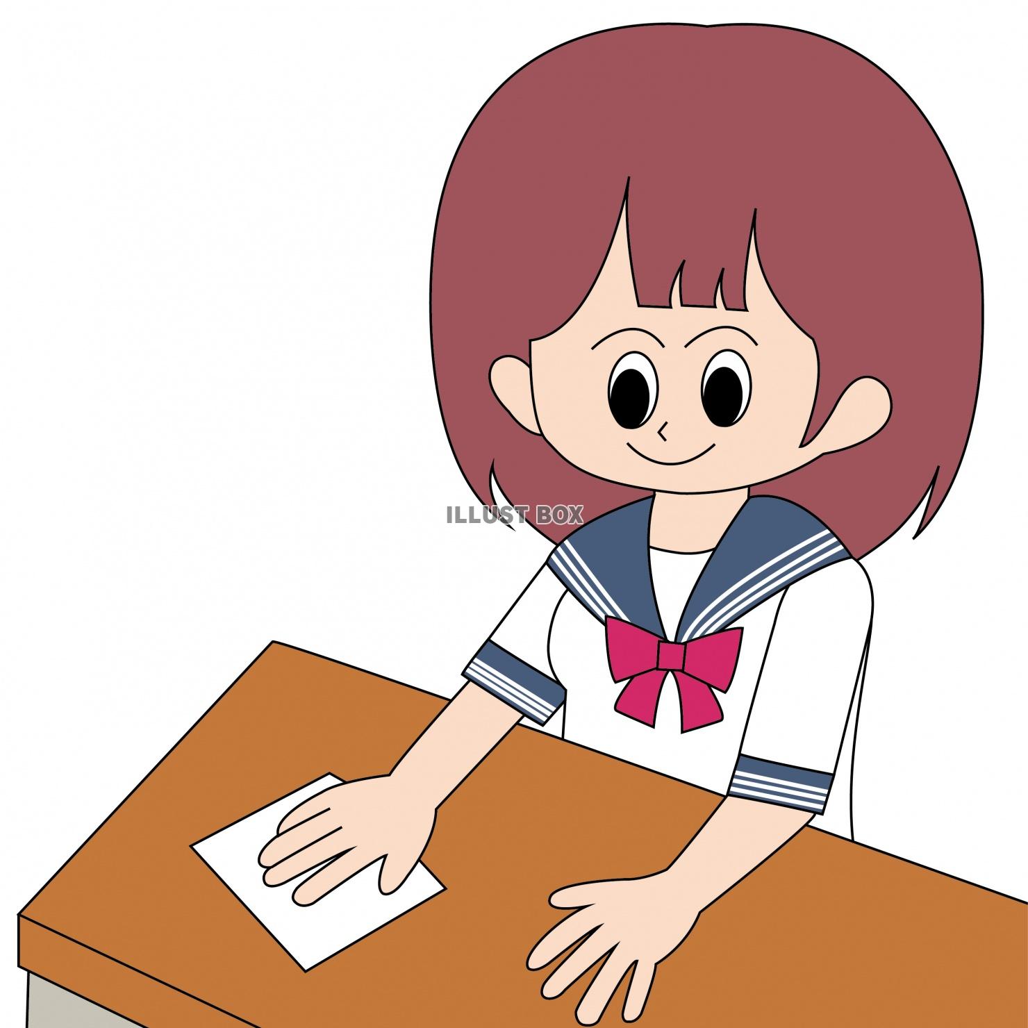 女子学生が学校の机をきれいに拭いているイラスト