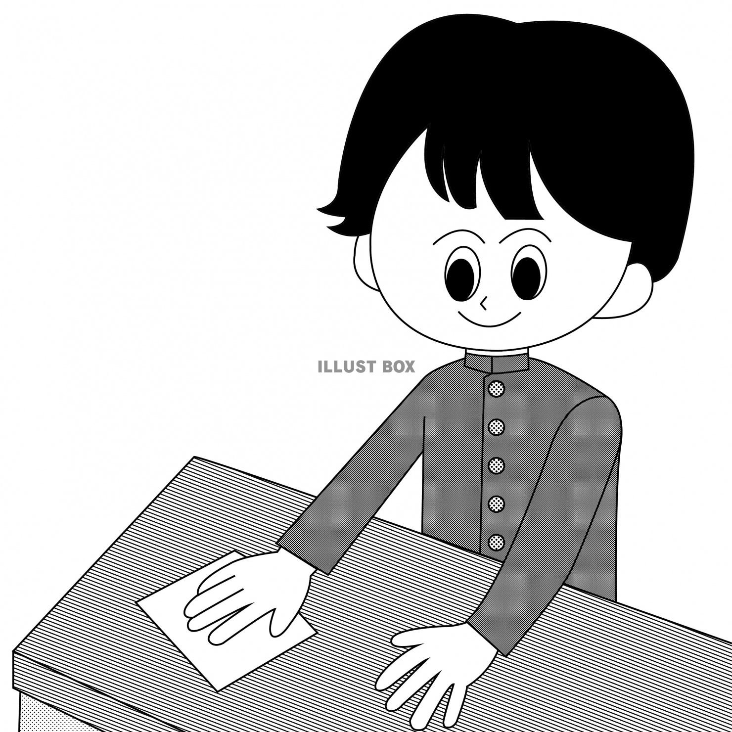 男子学生が学校の机をきれいに拭いているイラスト（白黒）