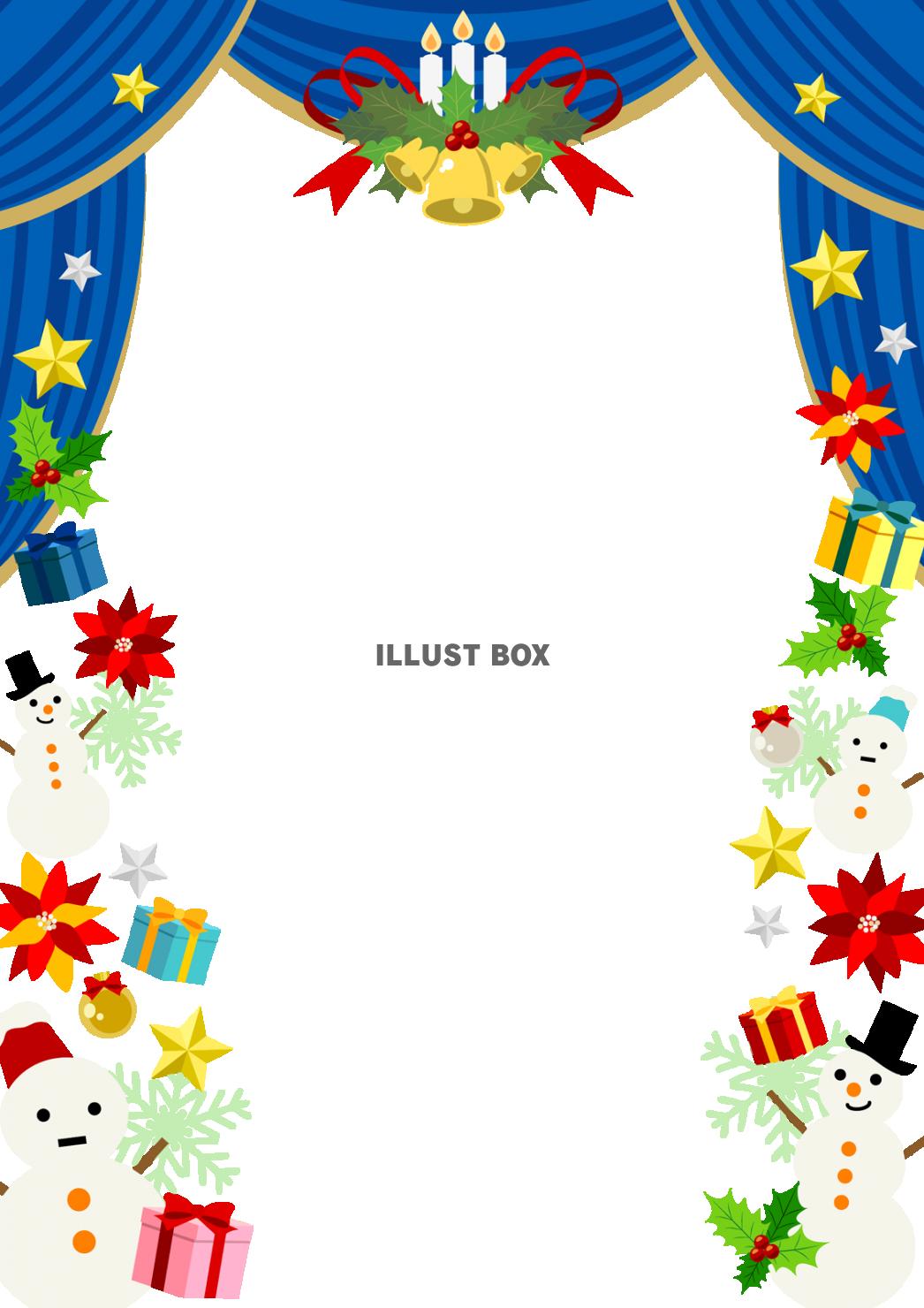 クリスマス素材を青い緞帳型フレームにちりばめた劇場風フレーム...