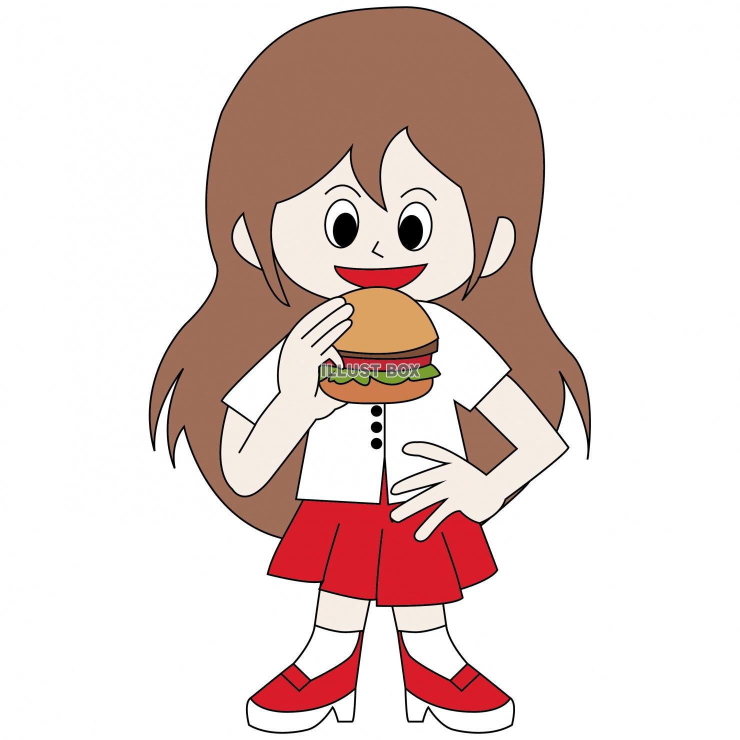 女性がハンバーガーを食べるイラスト