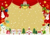 クリスマス素材を赤い緞帳型フレームにちりばめた劇場風背景ヨコ