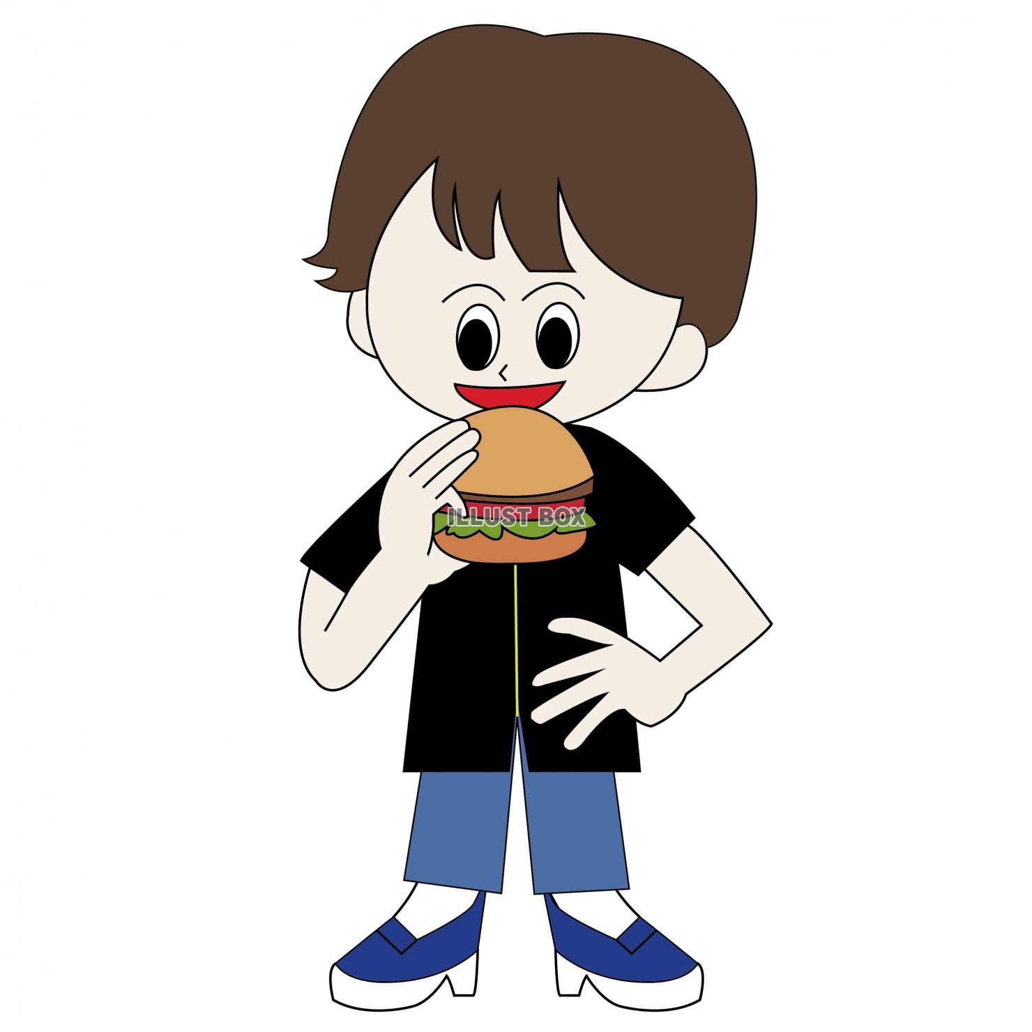 男性がハンバーガーを食べるイラスト