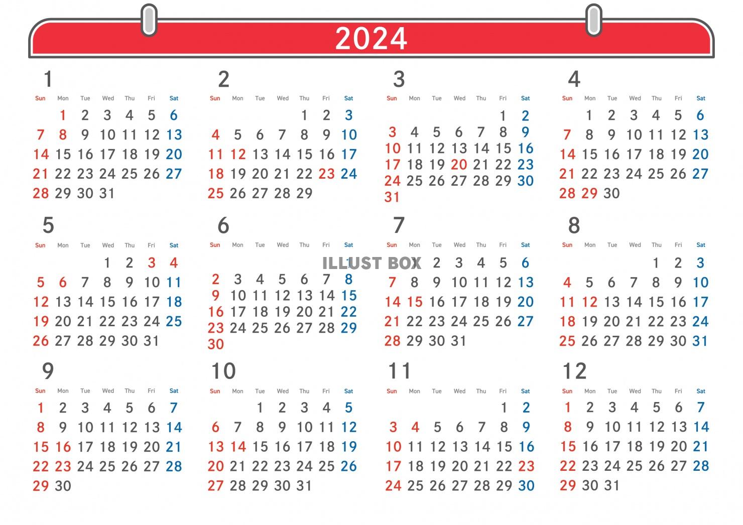 2024年　年間カレンダー02　壁掛け風