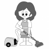 掃除機で掃除する女性のイラスト（白黒）