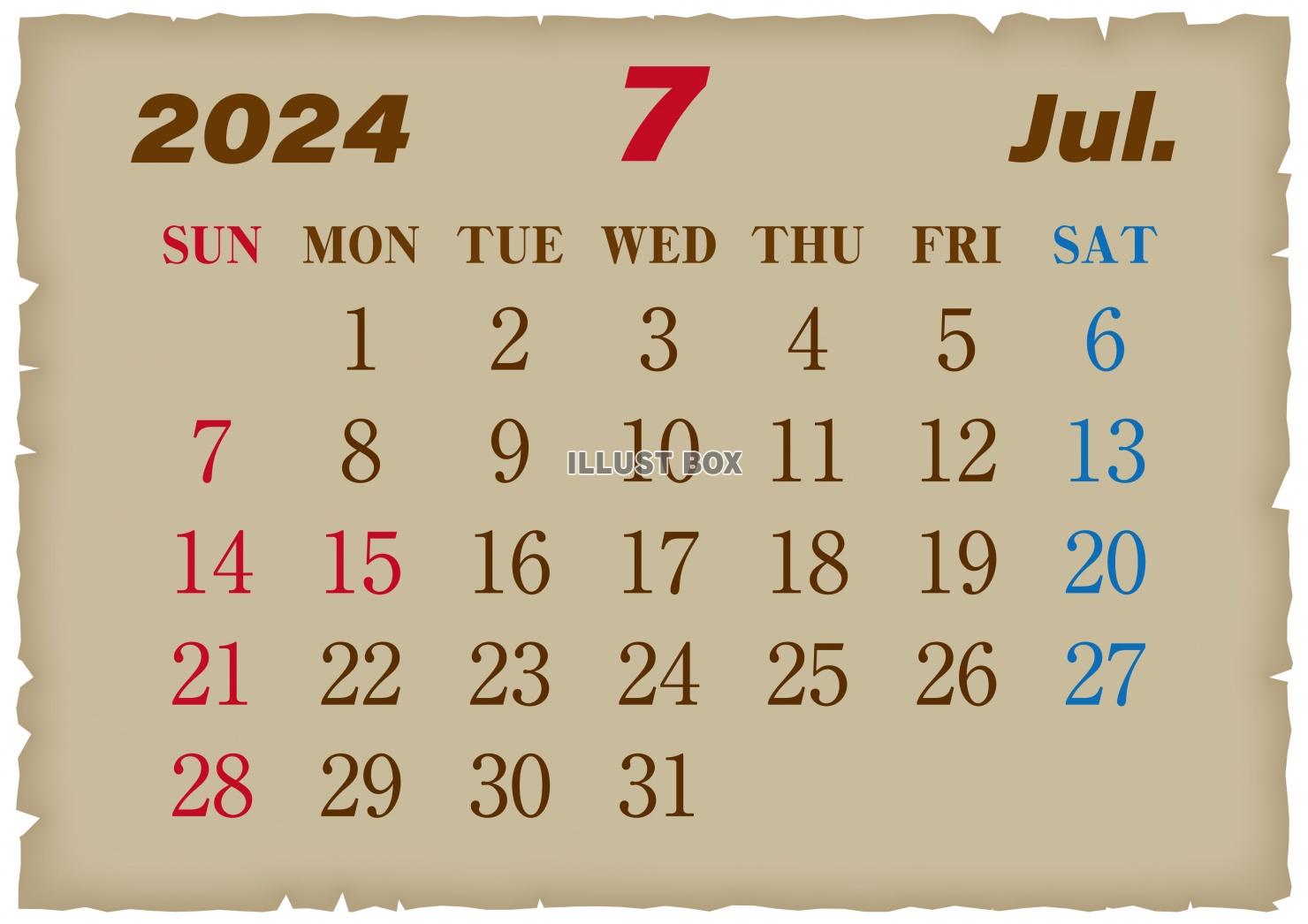 2024年の古紙風カレンダー-7月