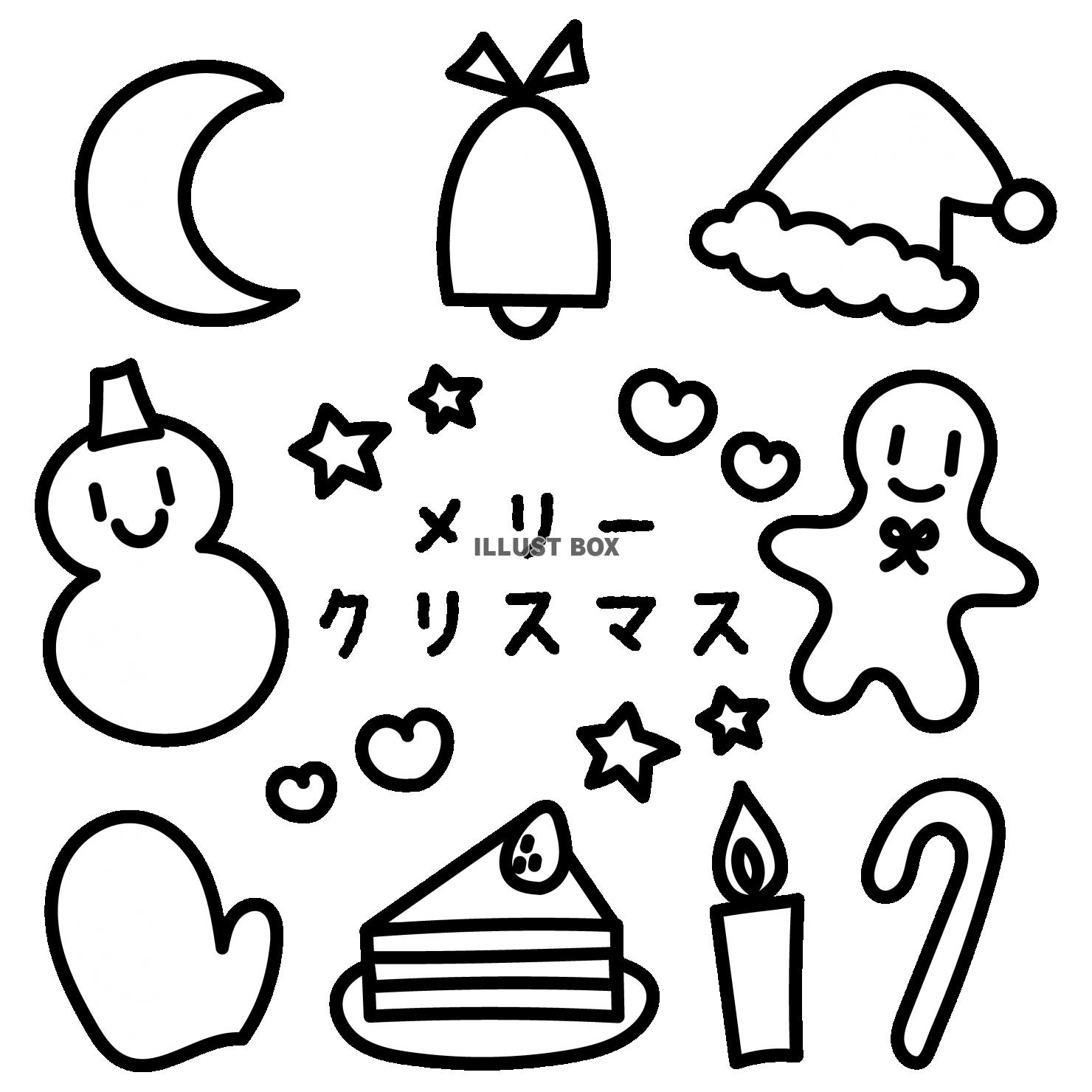 線画手書きのクリスマスアイコンセット　雪だるま　ケーキ　白黒...