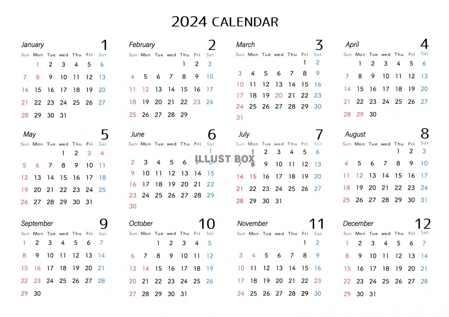 2024年年間シンプルカレンダー