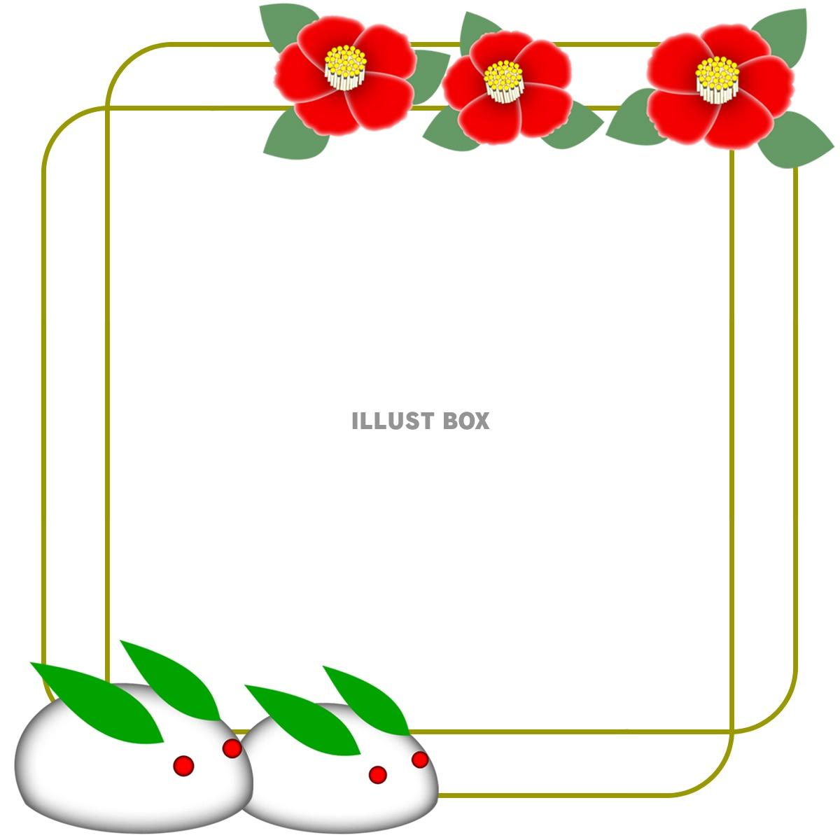 椿の花模様と雪兎のフレームシンプル飾り枠イラスト
