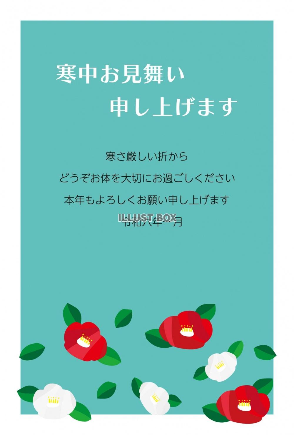 寒中お見舞いはがきK20　青背景に寒椿　挨拶文ありなし