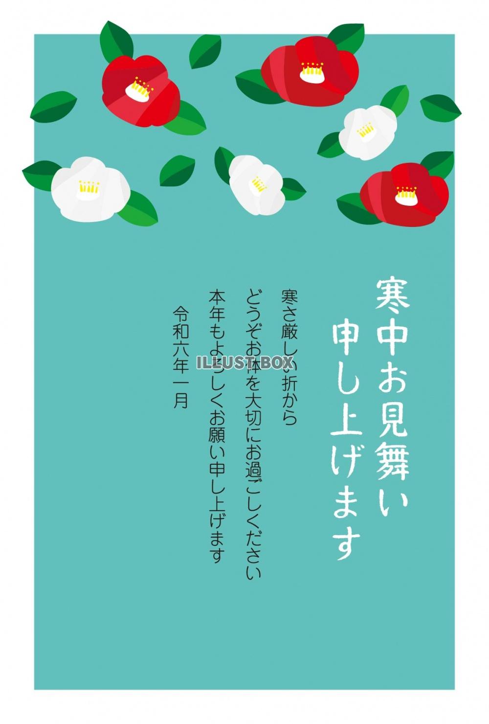 寒中お見舞いはがきK22　青背景に寒椿　挨拶文ありなし