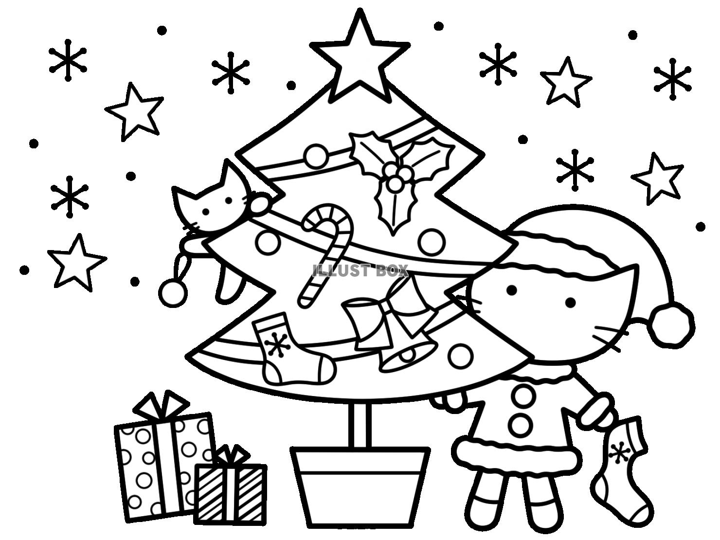 クリスマスツリーと猫サンタと子猫　線画２