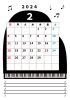 2024年2月・月間カレンダー・グランドピアノ・メモ・枠付き・縦型