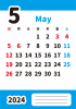 2024年5月・月間カレンダー・英語月名・シンプルカラー・メモ欄・枠なし・縦型・水色