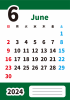 2024年6月・月間カレンダー・英語月名・シンプルカラー・メモ欄・枠なし・縦型・緑